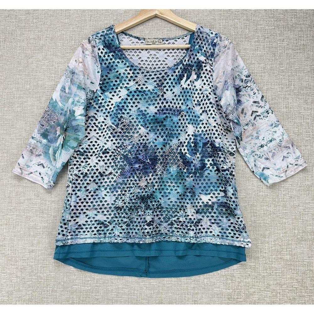 Live And Let Live Blouse Womens Petite Large Teal Tunic Top Layered High Low